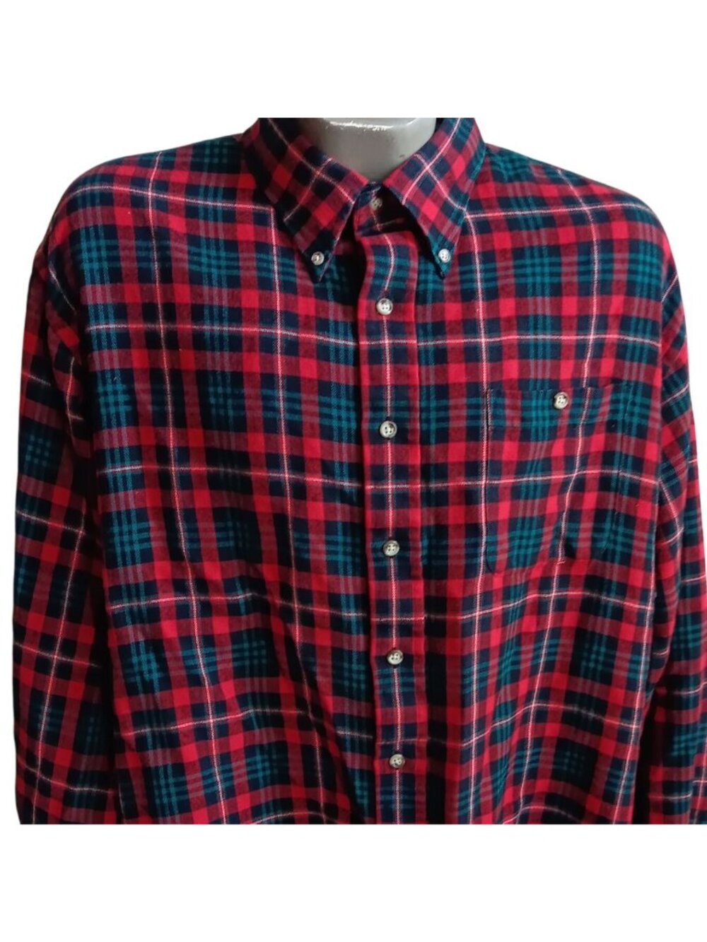 Vintage Large 1980s Red Green Plaid Button-Down Shirt Long Sleeves Casual Style
